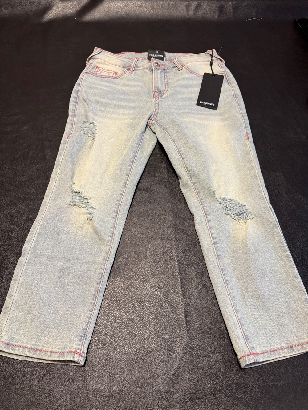 True Religion Light Blue Straight Leg Capri Jeans with Pink Stitching